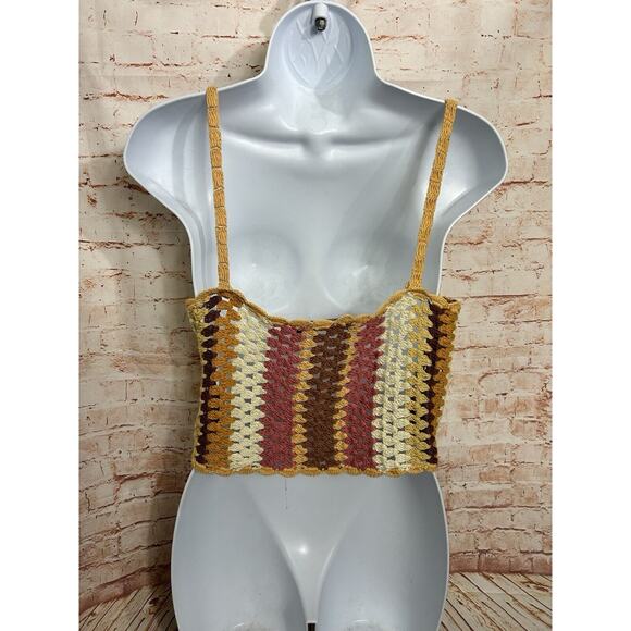 Zara Boho Open Knit Top Sz Small Neutrals Button Front Blouse Crop Festival - Picture 7 of 10